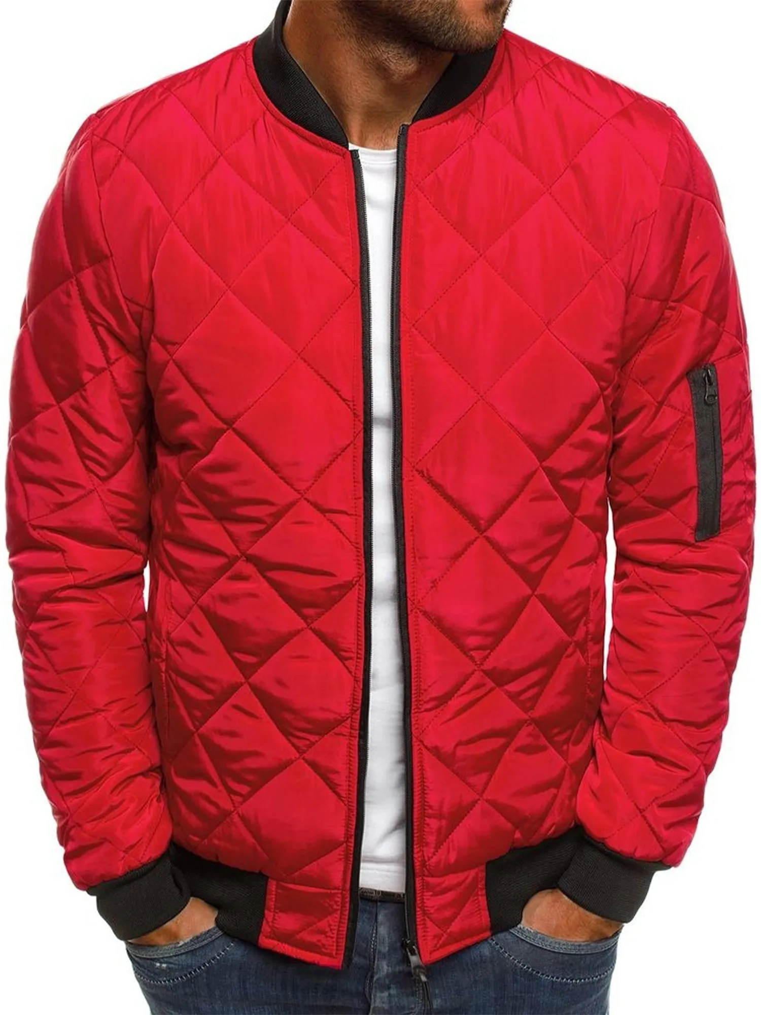 Men's Stylish Rhombus Diamond Quilted Bomber Jacket Windbreaker Softshell Flight Jackets Fall Winter Coats Outwear
