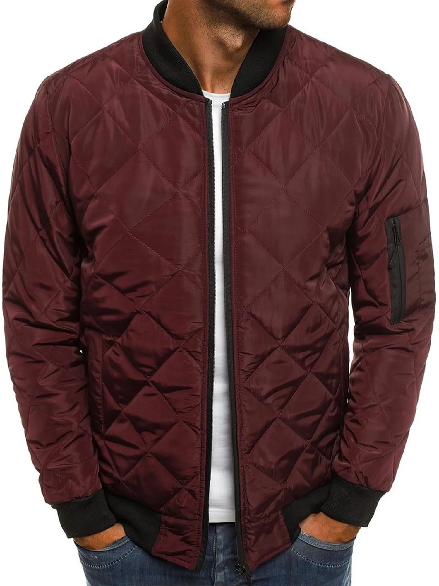 Men's Stylish Rhombus Diamond Quilted Bomber Jacket Windbreaker Softshell Flight Jackets Fall Winter Coats Outwear