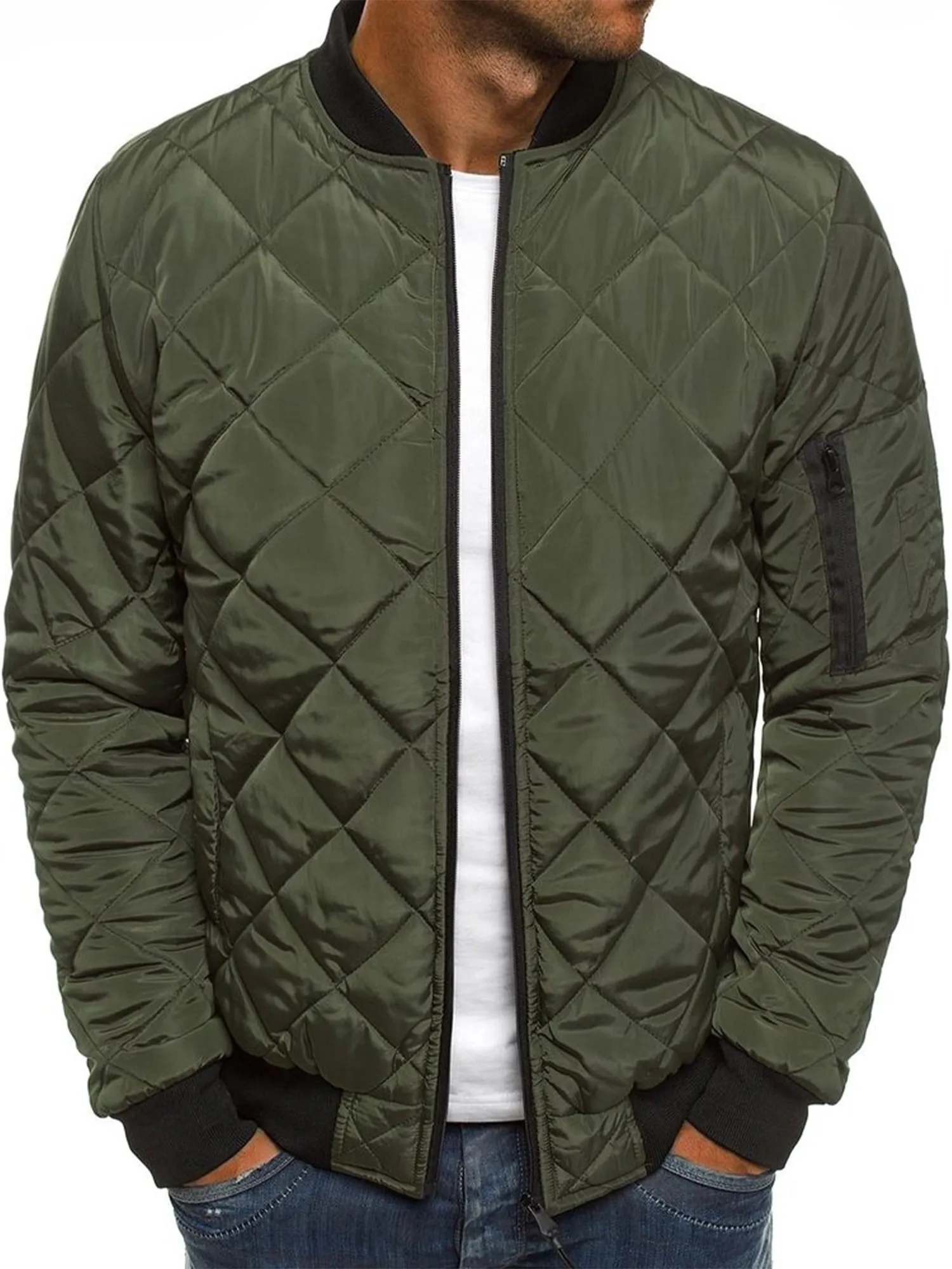 Men's Stylish Rhombus Diamond Quilted Bomber Jacket Windbreaker Softshell Flight Jackets Fall Winter Coats Outwear