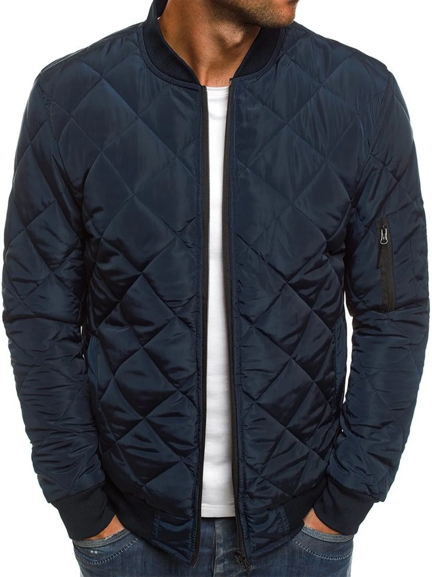 Men's Stylish Rhombus Diamond Quilted Bomber Jacket Windbreaker Softshell Flight Jackets Fall Winter Coats Outwear