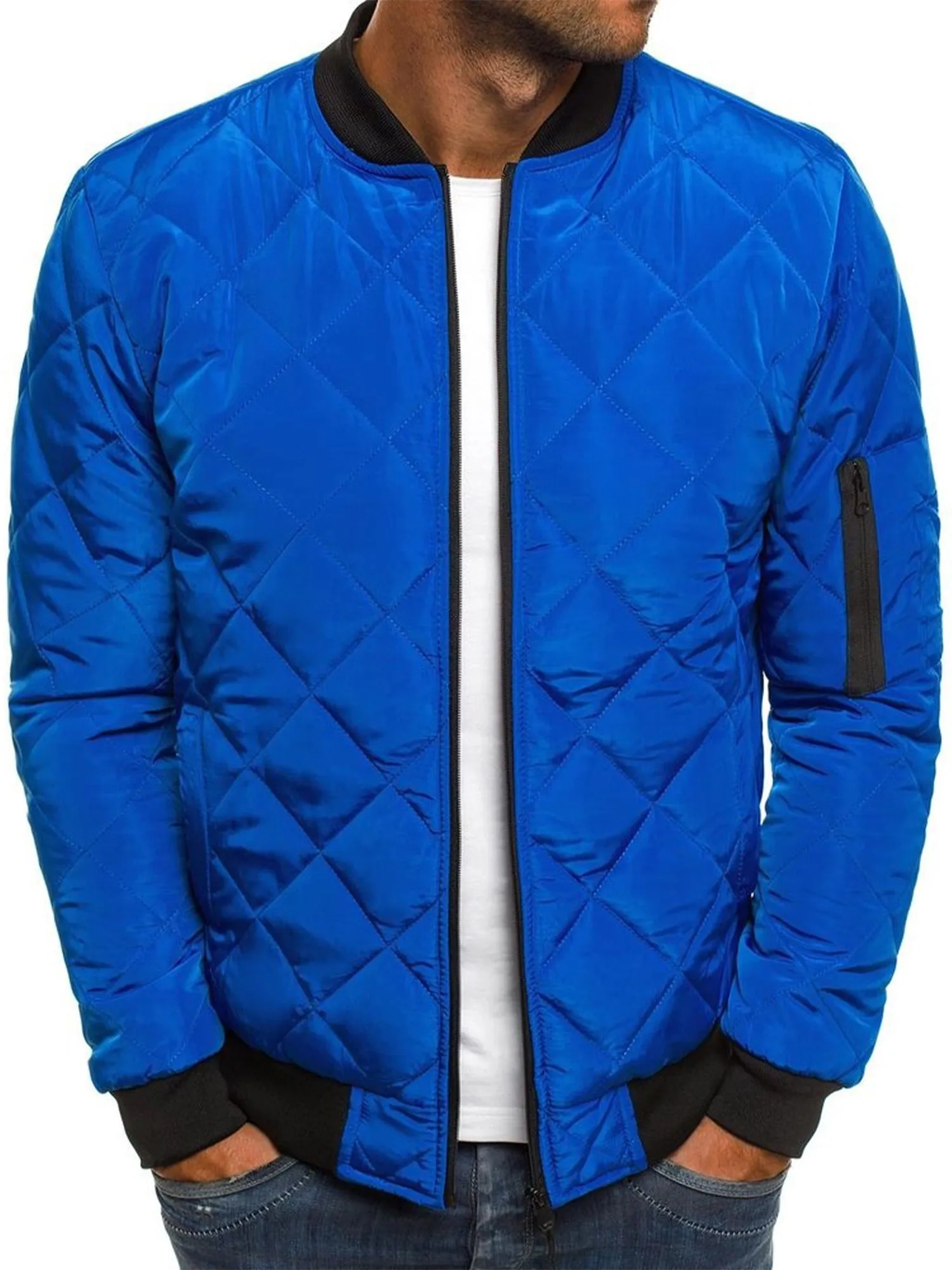Men's Stylish Rhombus Diamond Quilted Bomber Jacket Windbreaker Softshell Flight Jackets Fall Winter Coats Outwear