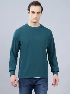 Men's Teal Self Design Full Sleeves T-shirt For Winter