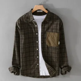 Men's Vintage Plaid Long Sleeve Shirt | Solid Color Casual Loose Fit | Soft Streetwear Clothing