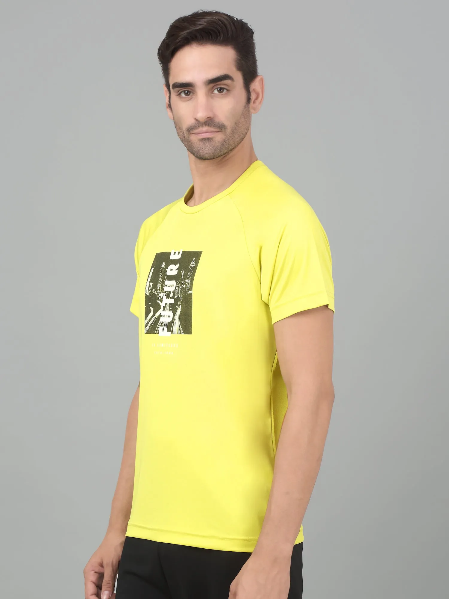 Men's Yellow  Round neck Raglan Half Sleeve T-Shirt with Graphic Print