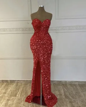 Mermaid Red Sequin Strapless Gown Prom Dresses With Slit