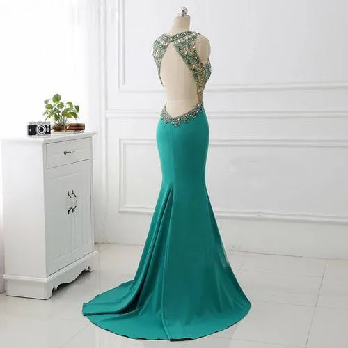 Mermaid V-neck Sweep Train Satin Rhine Stone Evening Dresses ASD27085