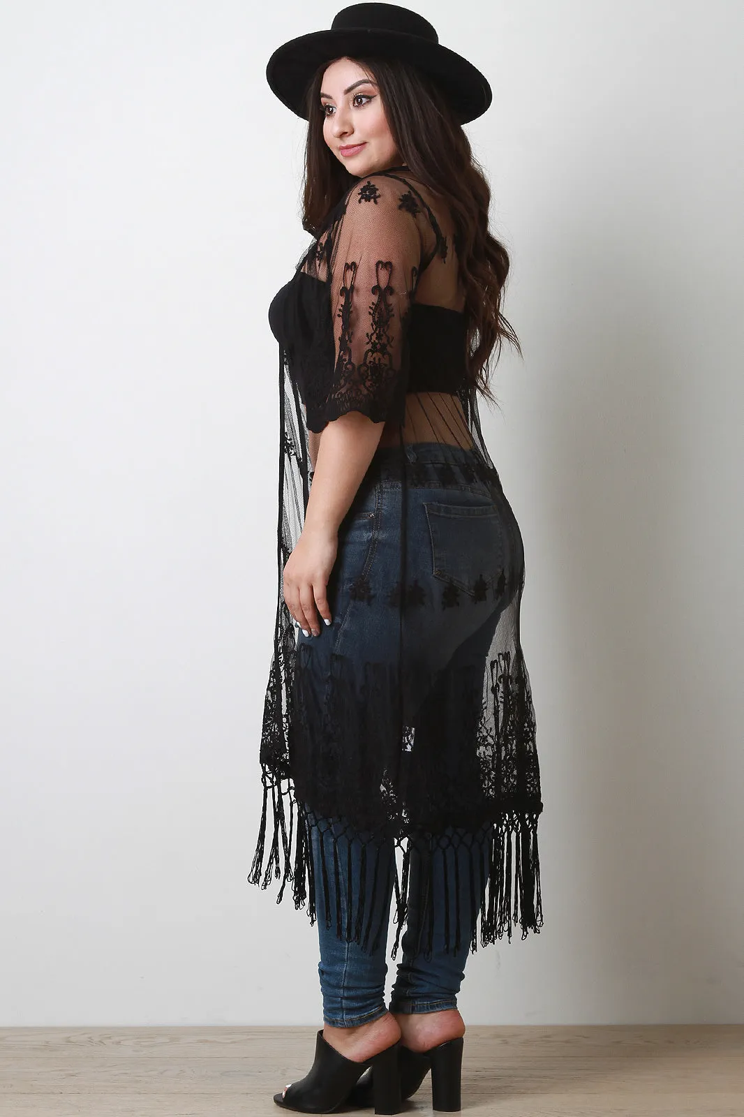 Mesh Paisley Embroidered Fringe Kimono