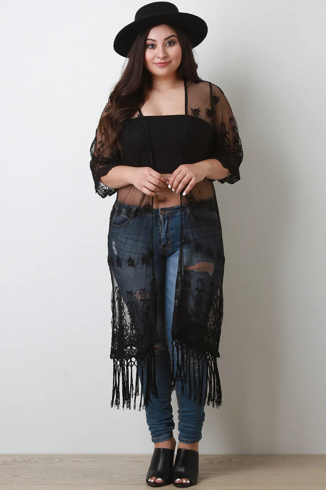 Mesh Paisley Embroidered Fringe Kimono