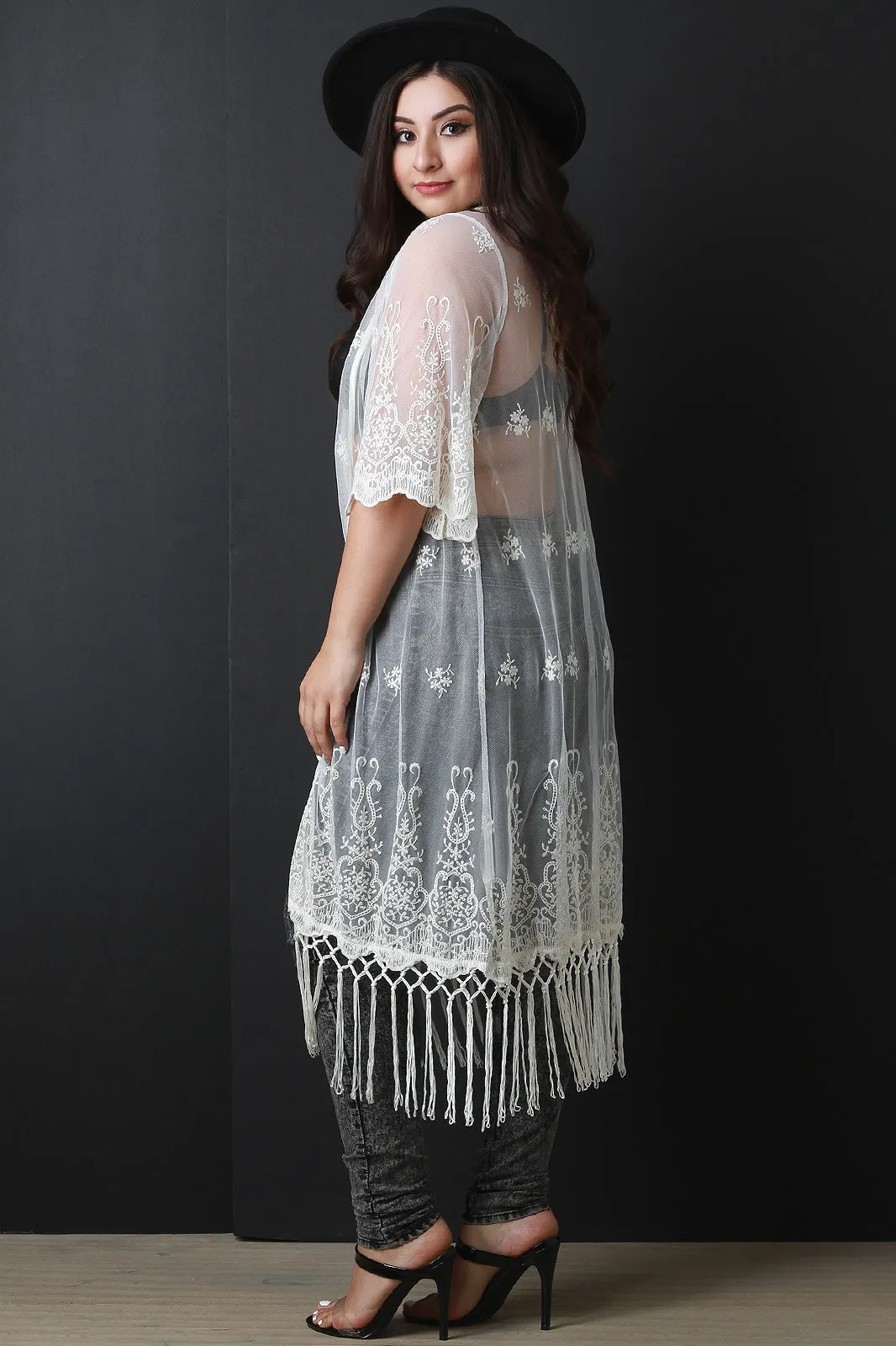 Mesh Paisley Embroidered Fringe Kimono