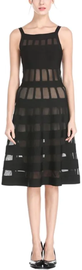 Mesh-Paneled Fit & Flare Dress, Black