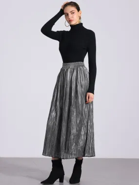 Metallic Shiny Glitter High Waist Flared Plaeted Midi Skirts