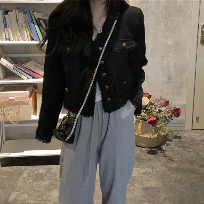 METAVERSMALL Xiaoxiangfeng fringed  slim-fitting and thin V-neck black long-sleeved top New autumn and winter temperament versatile jacket