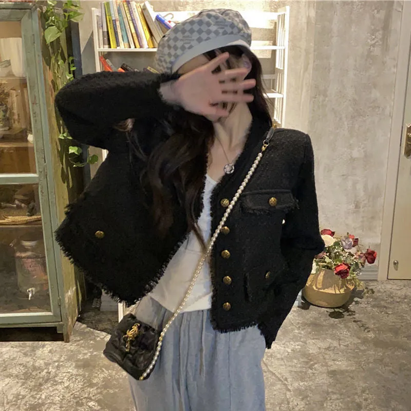 METAVERSMALL Xiaoxiangfeng fringed  slim-fitting and thin V-neck black long-sleeved top New autumn and winter temperament versatile jacket