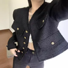 METAVERSMALL Xiaoxiangfeng fringed  slim-fitting and thin V-neck black long-sleeved top New autumn and winter temperament versatile jacket