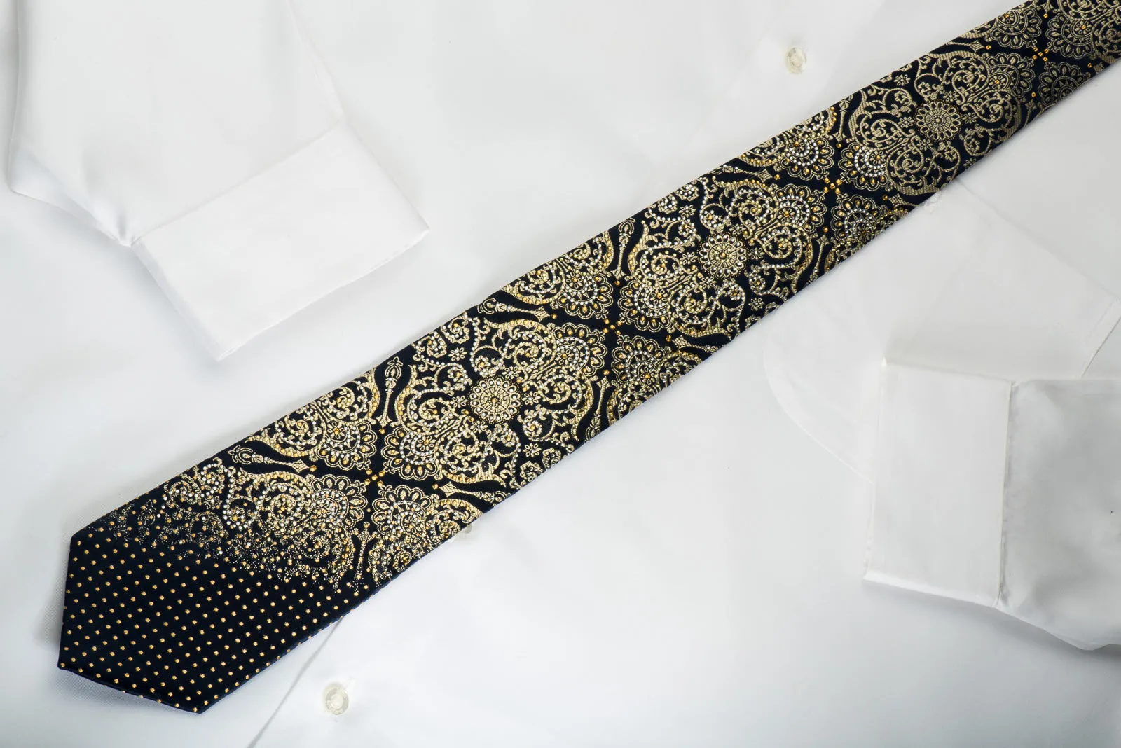 Metro City Rhinestone Silk Necktie Gold Damask On Navy With Gold Sparkles