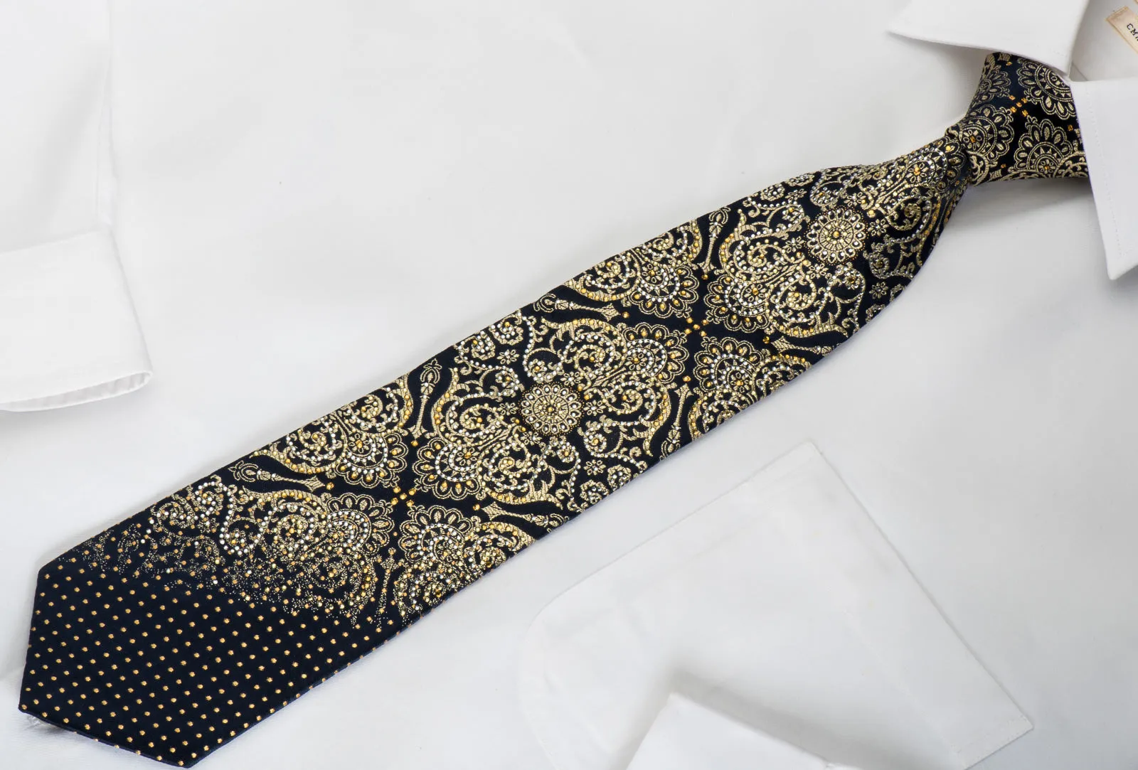 Metro City Rhinestone Silk Necktie Gold Damask On Navy With Gold Sparkles