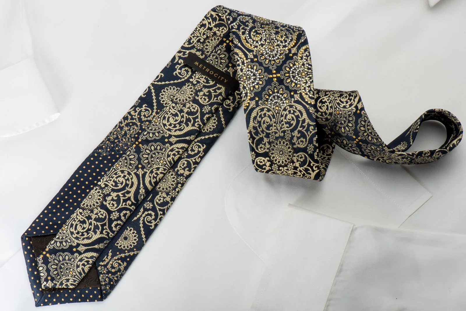 Metro City Rhinestone Silk Necktie Gold Damask On Navy With Gold Sparkles