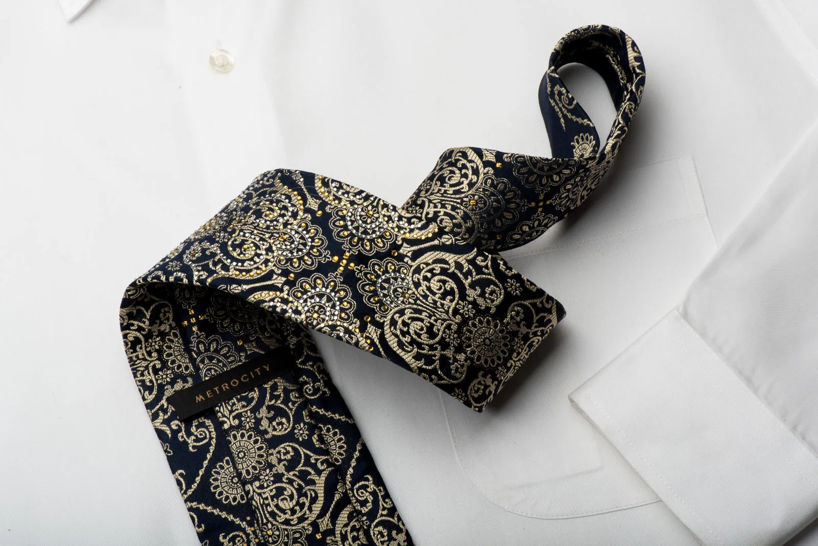 Metro City Rhinestone Silk Necktie Gold Damask On Navy With Gold Sparkles