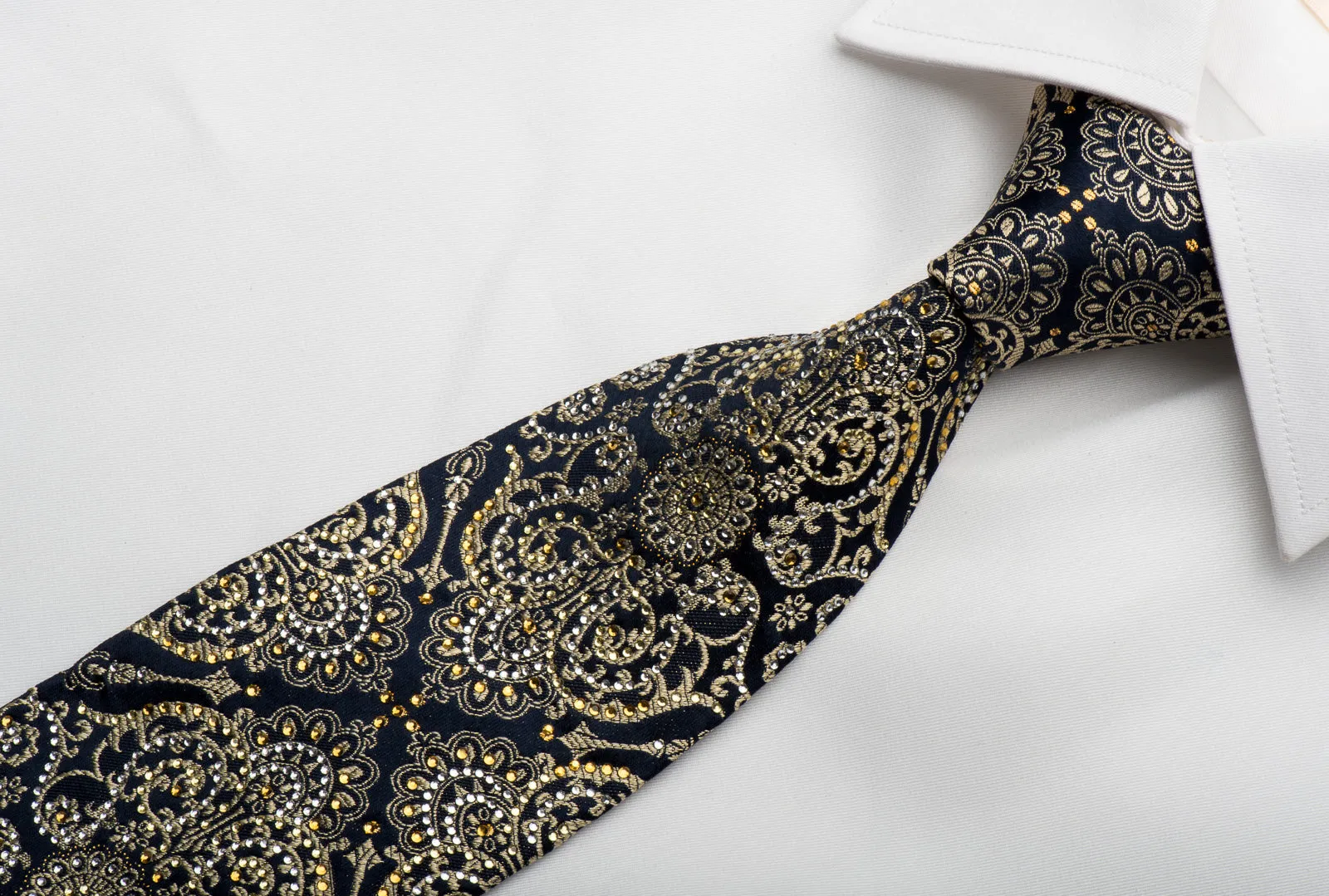 Metro City Rhinestone Silk Necktie Gold Damask On Navy With Gold Sparkles