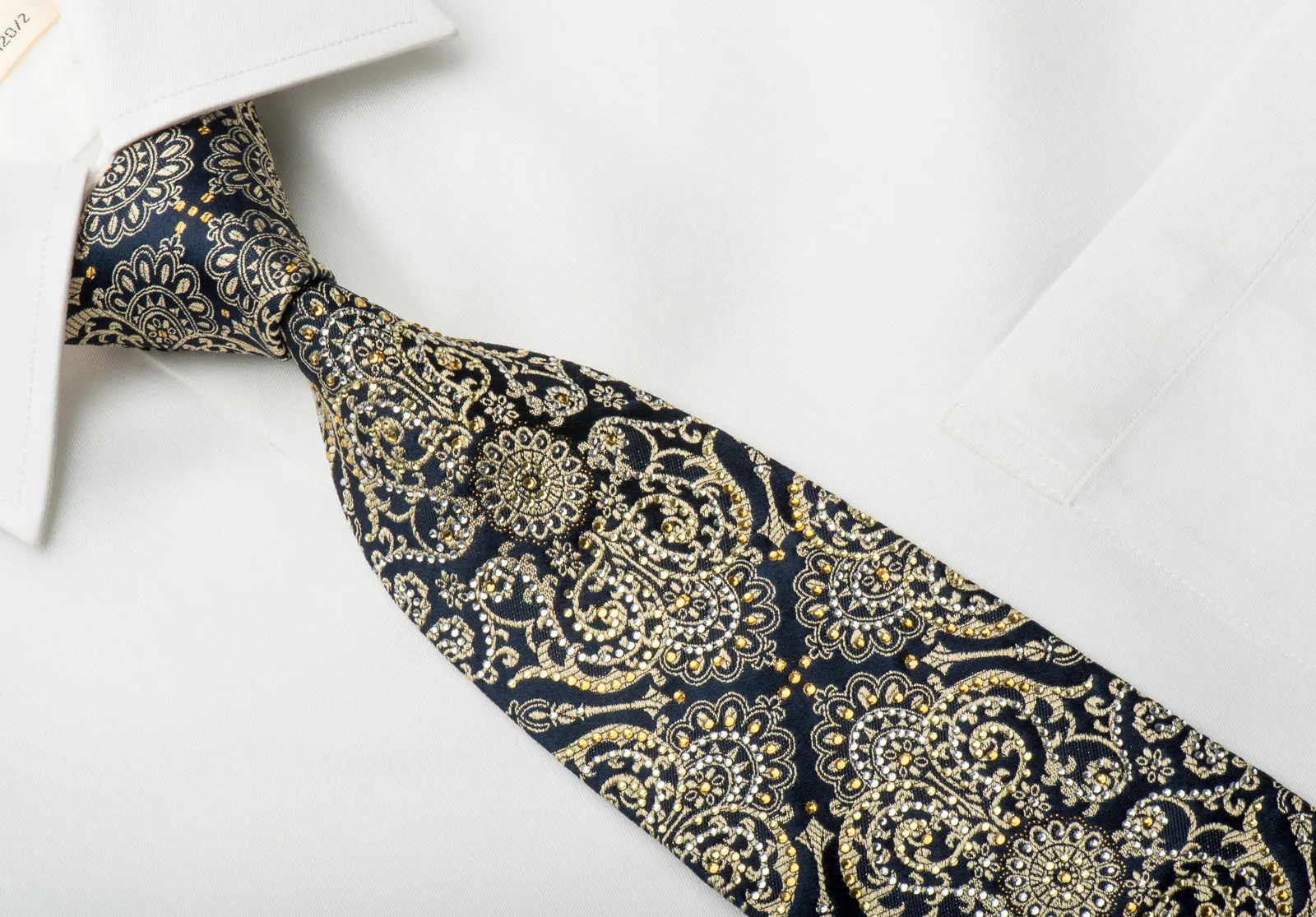 Metro City Rhinestone Silk Necktie Gold Damask On Navy With Gold Sparkles