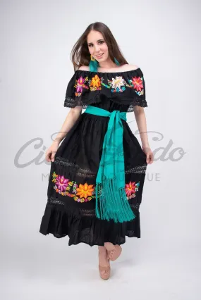 Mexican Luxury Campesino Fino Maxi Dress Black