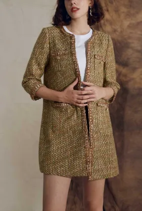 Mid-length Cropped Sleeves Oliver Green Tweed Coat