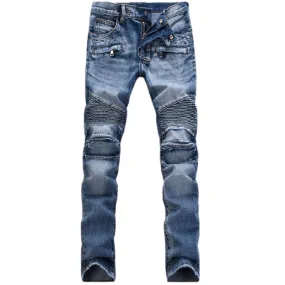 Mid Waist Jeans Patch With Leather Men's Urban Straight Jeans