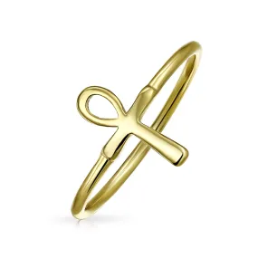 Minimalist Silver Ring with Egyptian Ankh Cross 14K Gold Plated Sterling Band