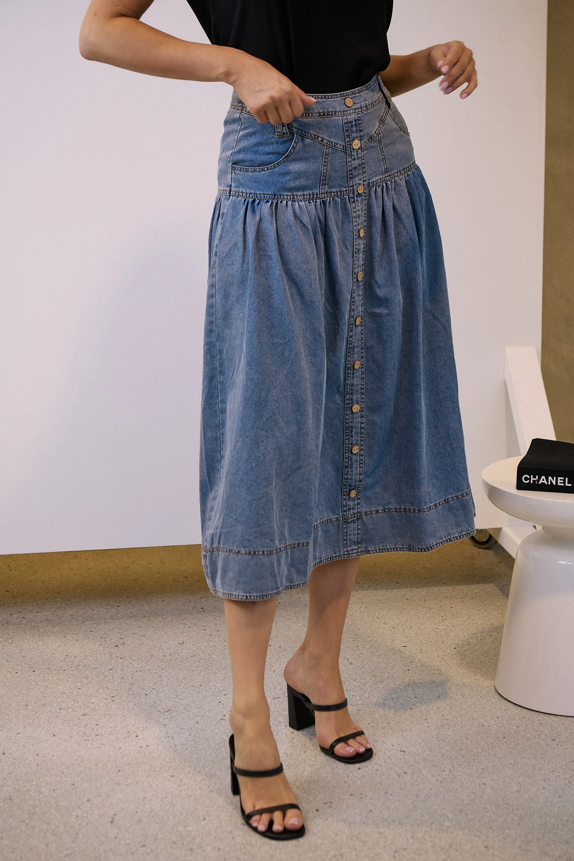 Mirabelle Button Cotton Denim Wash Skirt