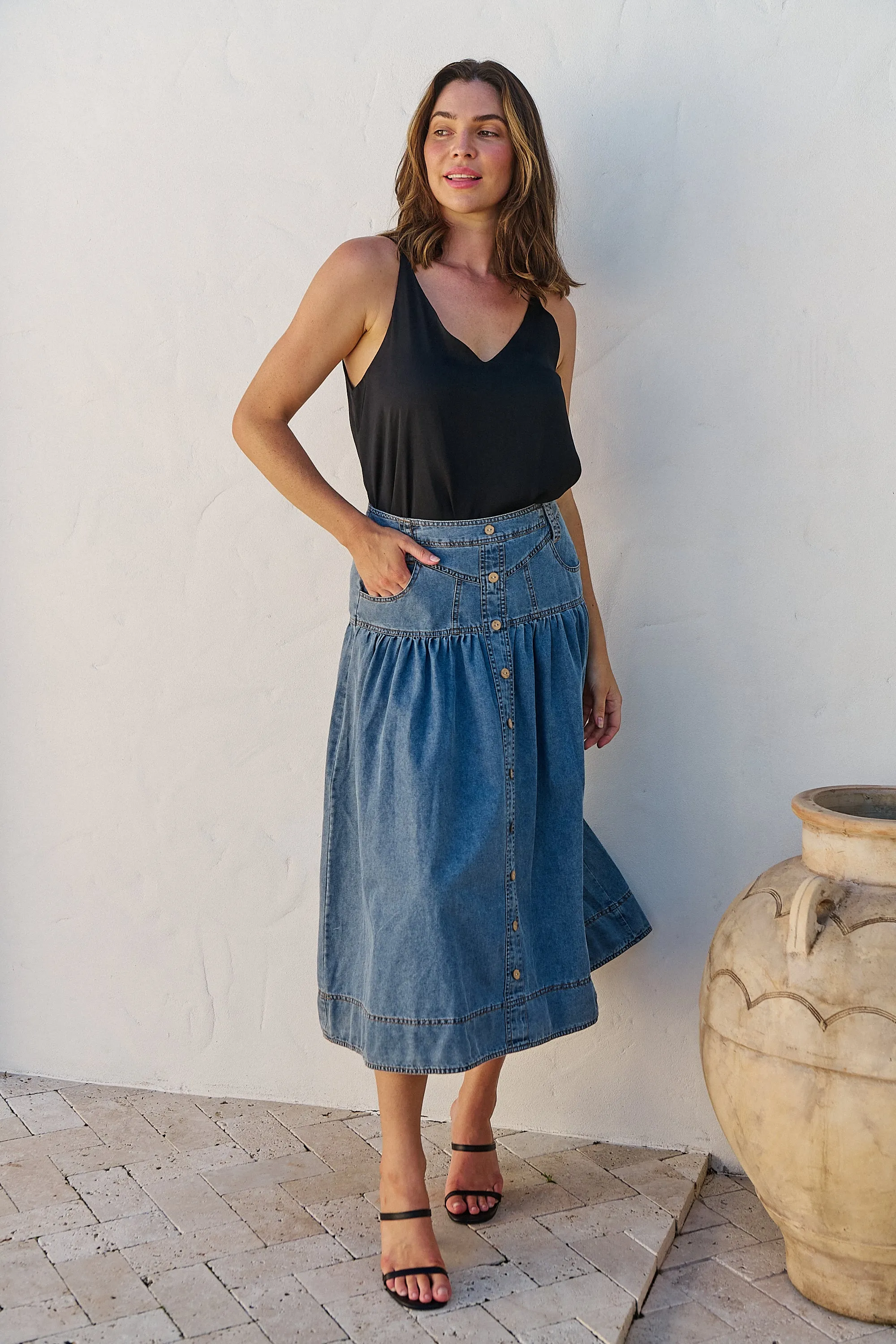 Mirabelle Button Cotton Denim Wash Skirt