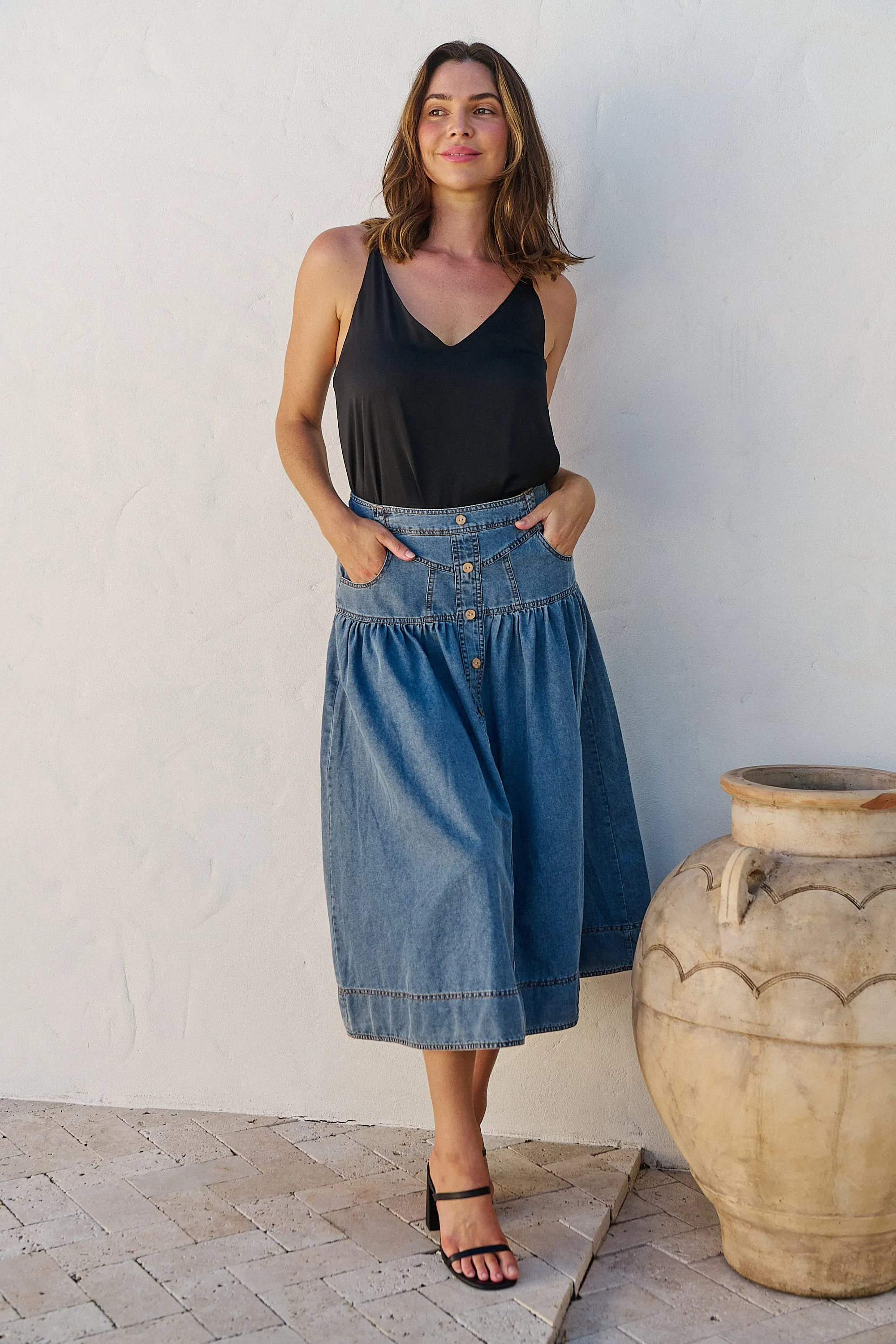 Mirabelle Button Cotton Denim Wash Skirt