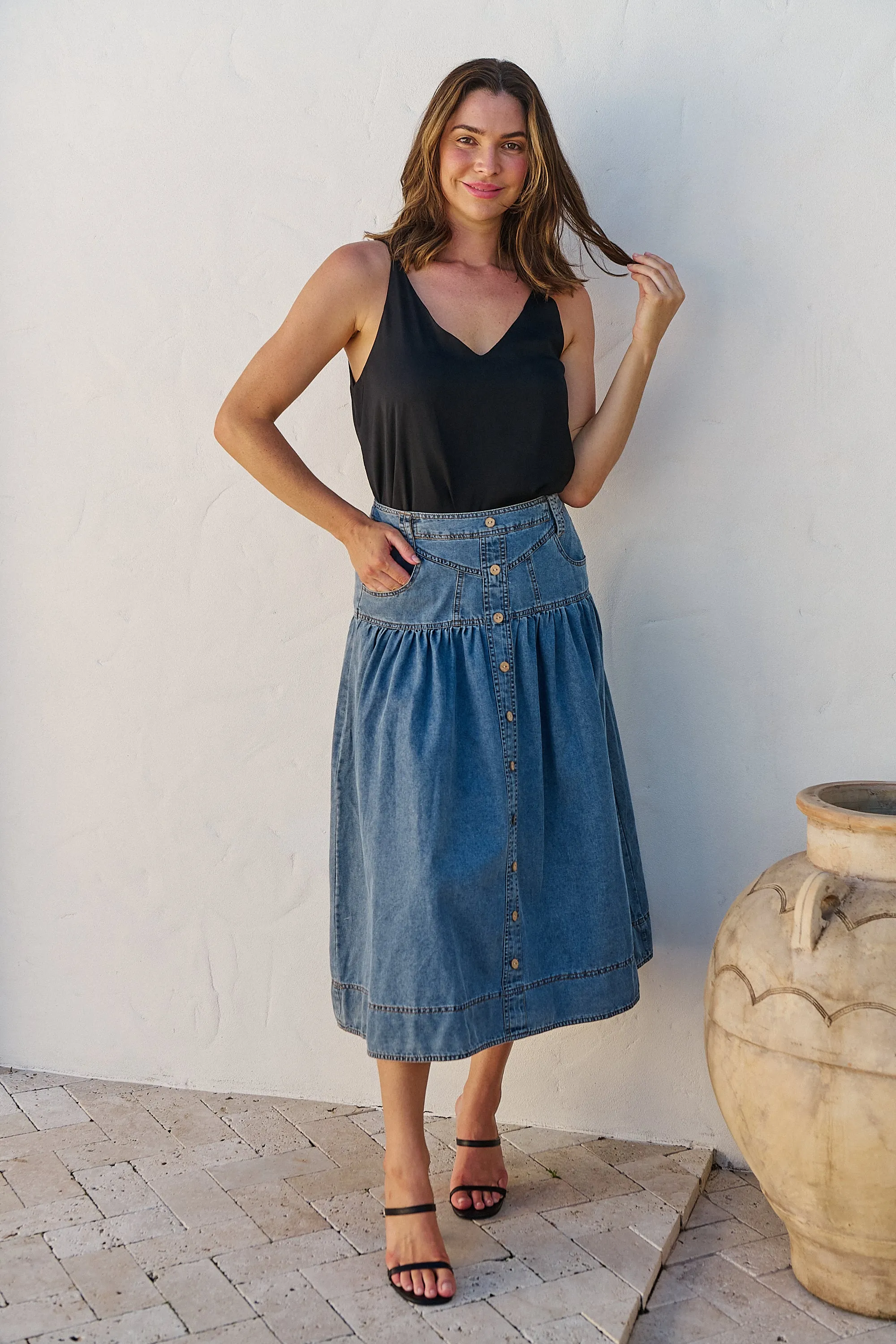 Mirabelle Button Cotton Denim Wash Skirt