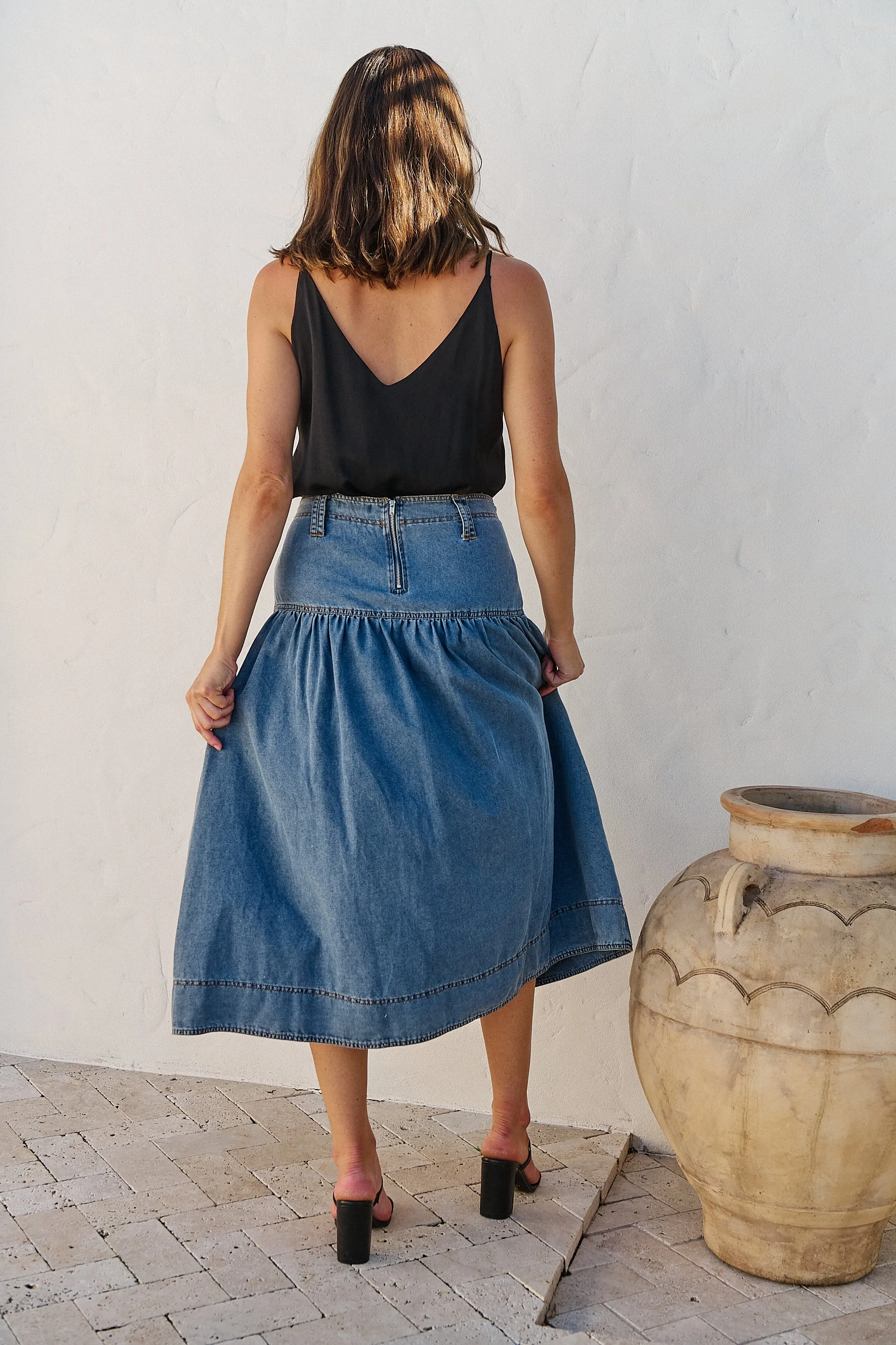 Mirabelle Button Cotton Denim Wash Skirt
