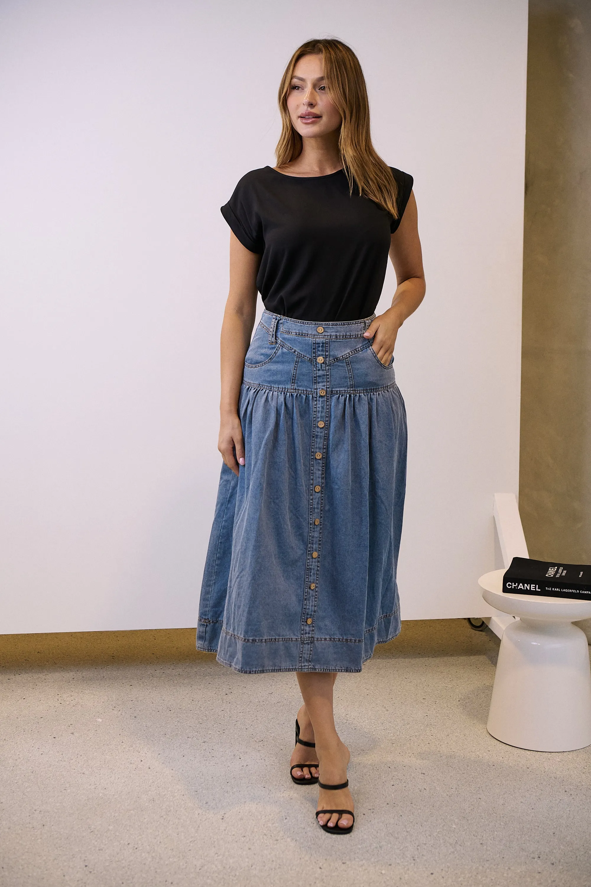 Mirabelle Button Cotton Denim Wash Skirt
