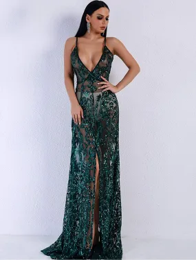Missord Split Thigh Sequin Mesh Slip Dress Without Panties