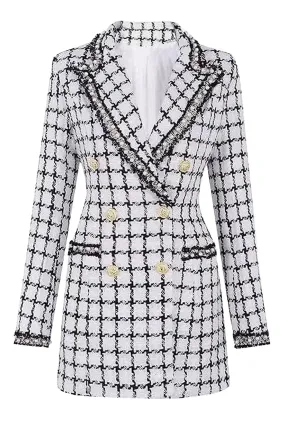 Mix Black Grid Peak Lapel Women Coat with pearl