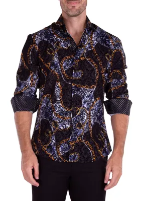 Mixed Print Velvet Texture Long Sleeve Dress Shirt Black