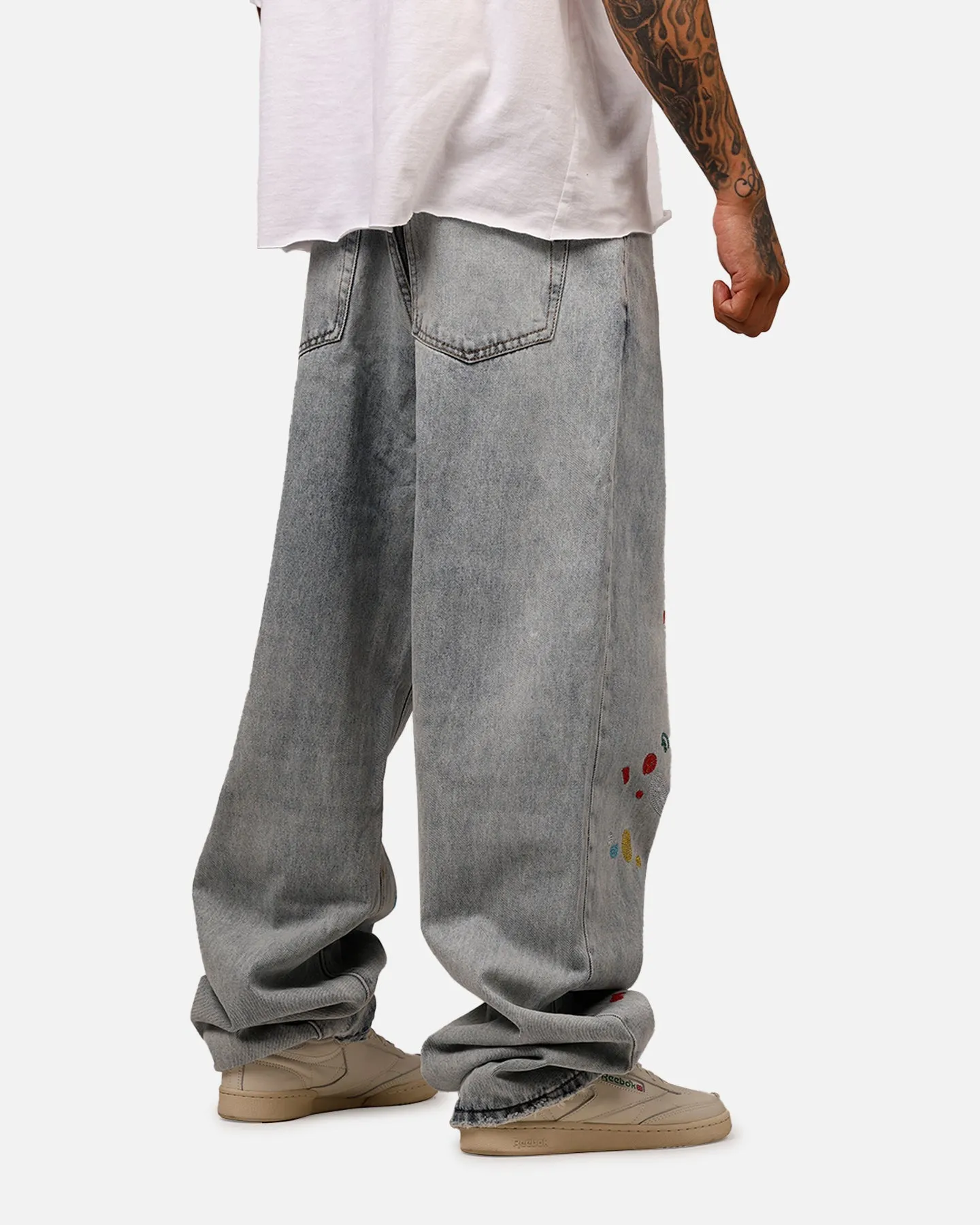 MNML Ultra Baggy Paint Splat Denim Jeans Light Blue