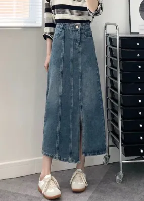 Modern Blue Pockets Side Open Patchwork Denim Skirts Fall LY9131