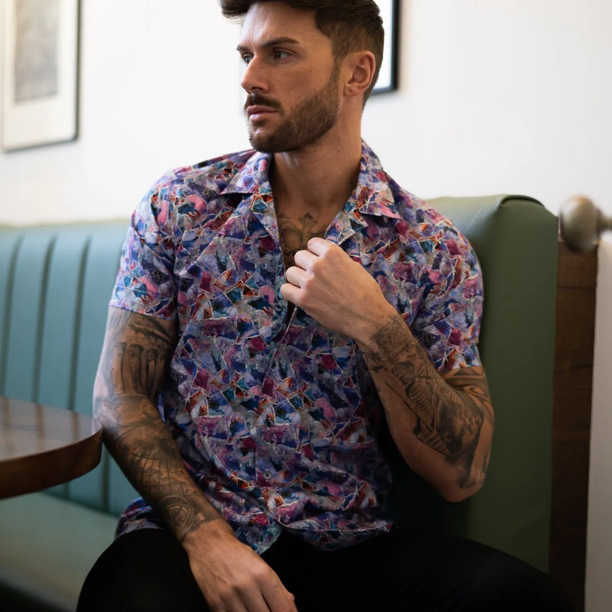 Modern Glass Open Collar Short Sleeve Shirt