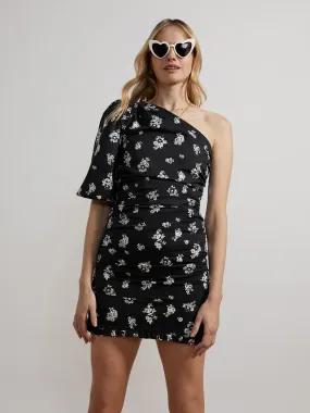 Morera Black Mono Floral One Shoulder Mini Dress