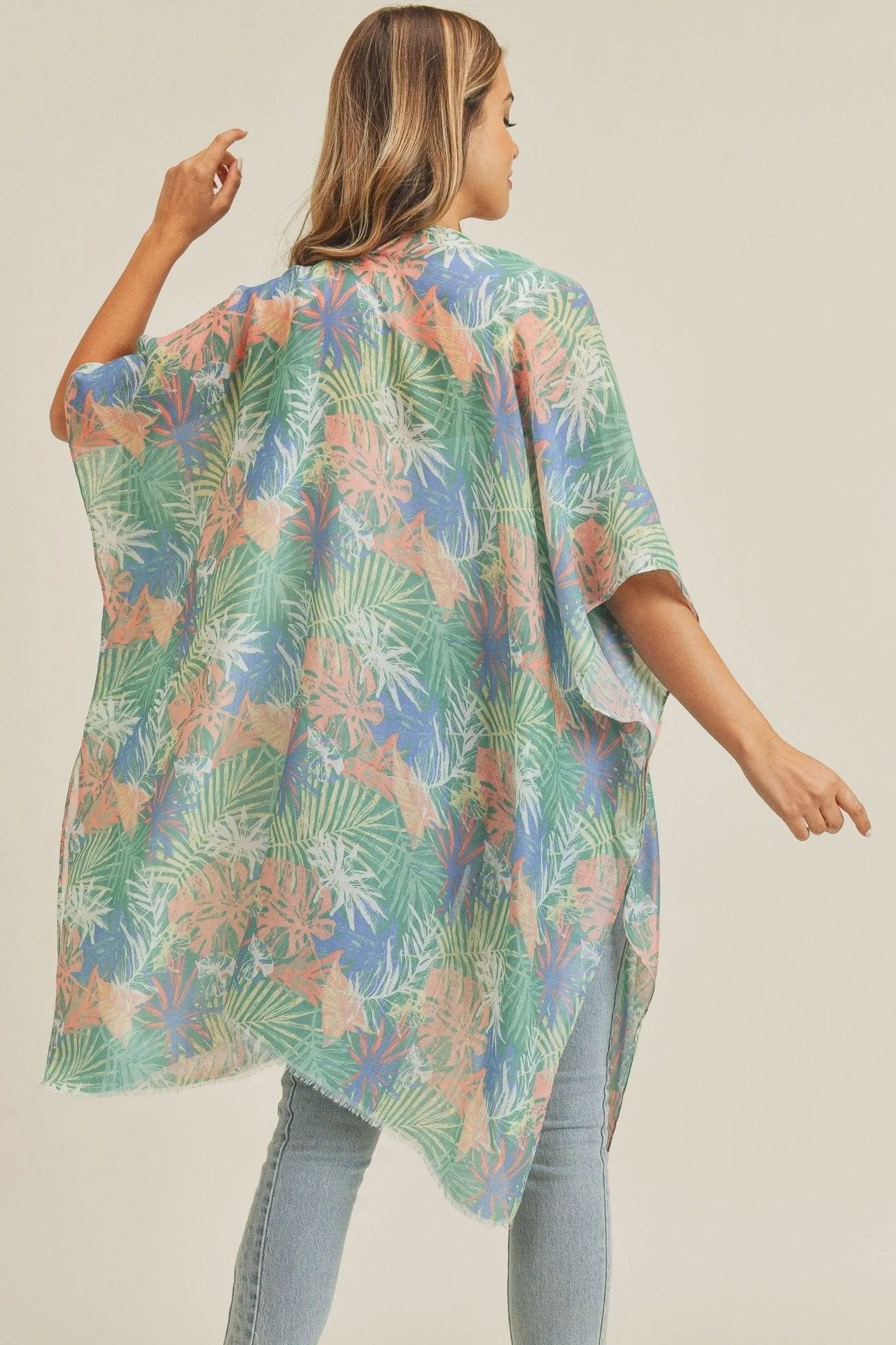 MS0217 Hand Drawn Tropical Leaves Summer Beach Kimono
