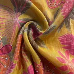 Mustard Floral Cutdana Embroidery Tissue Fabric 17986