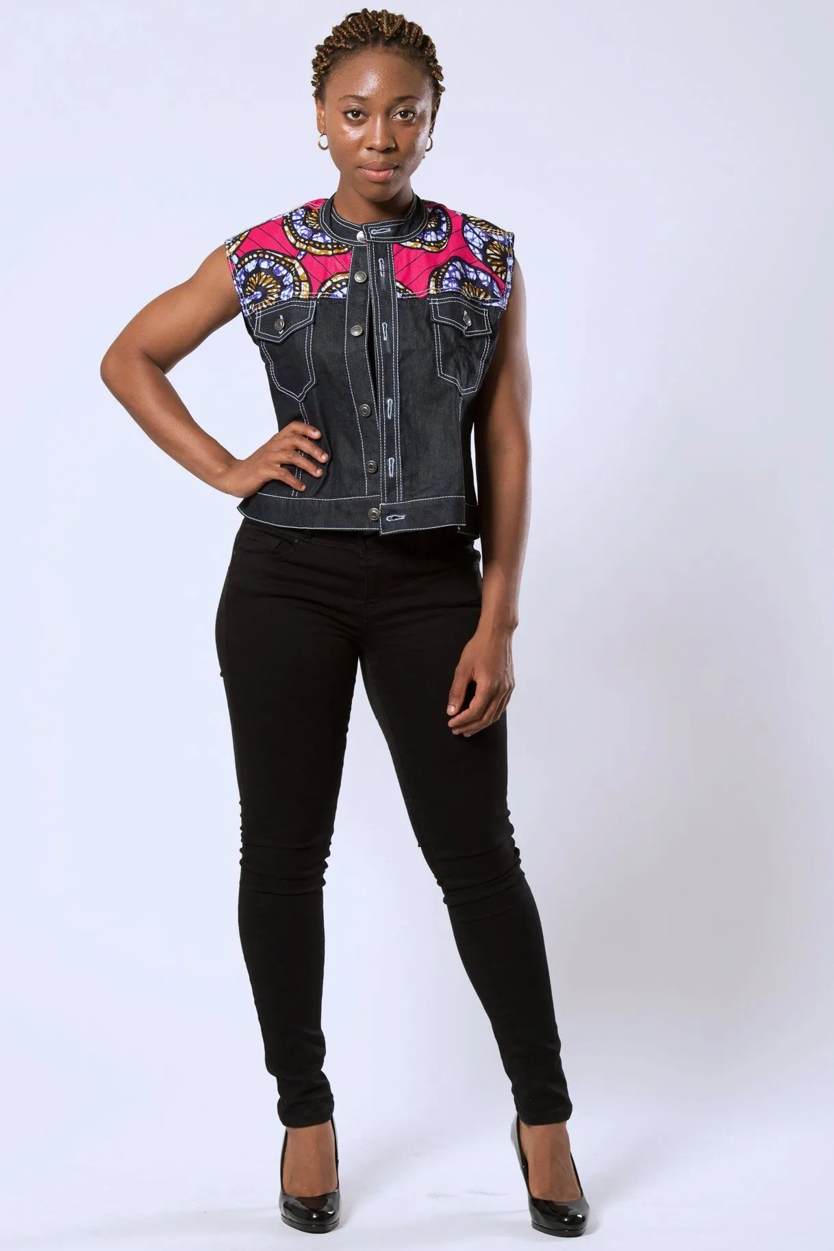 Nala Women's African Print Sleeveless Denim Jacket