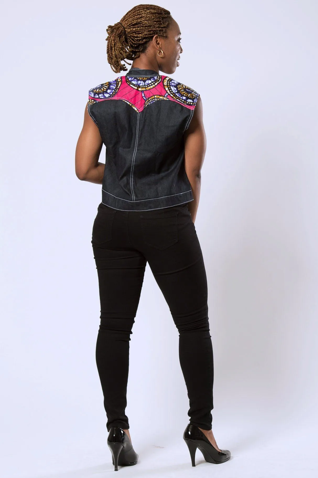 Nala Women's African Print Sleeveless Denim Jacket