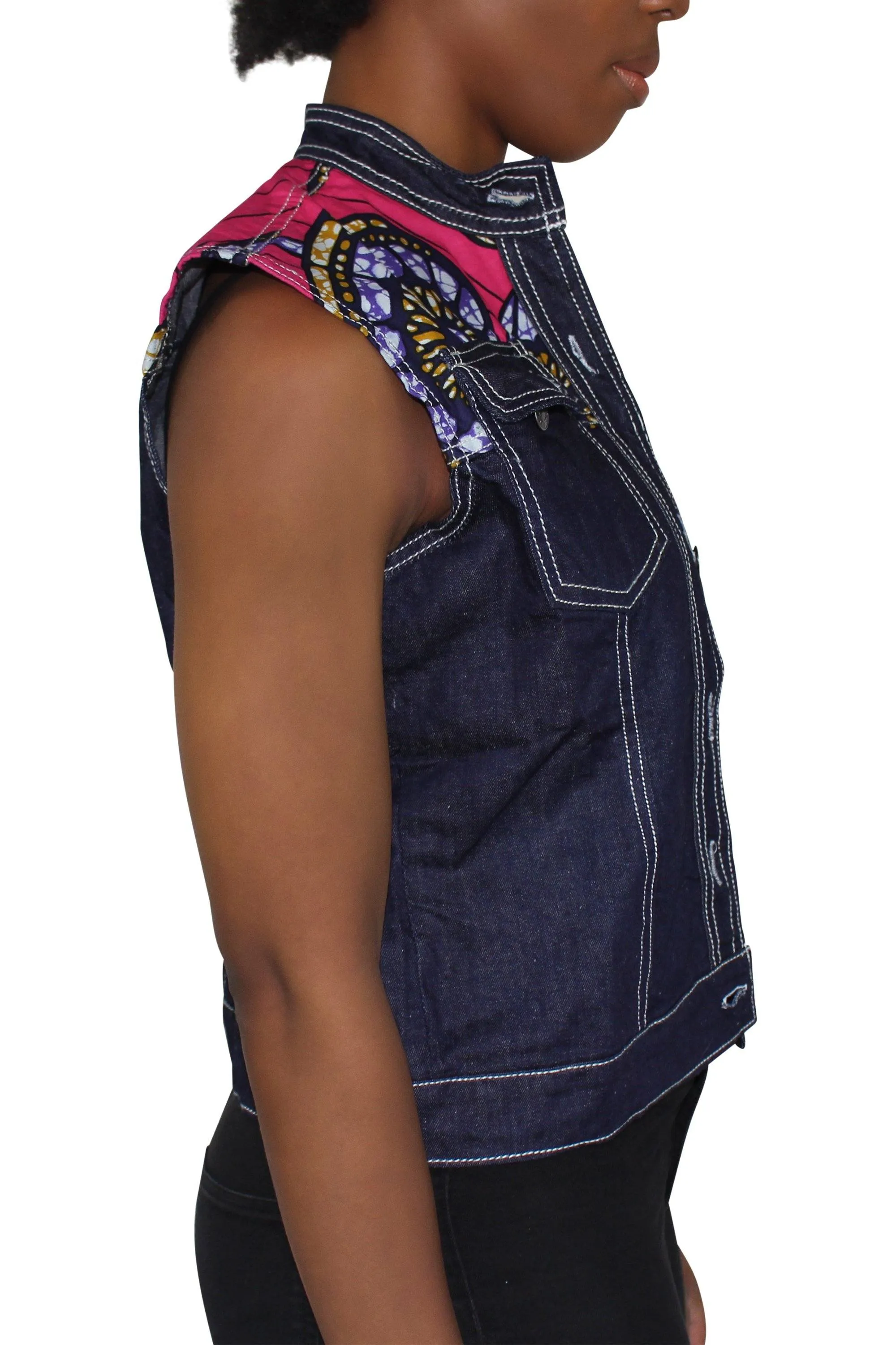 Nala Women's African Print Sleeveless Denim Jacket