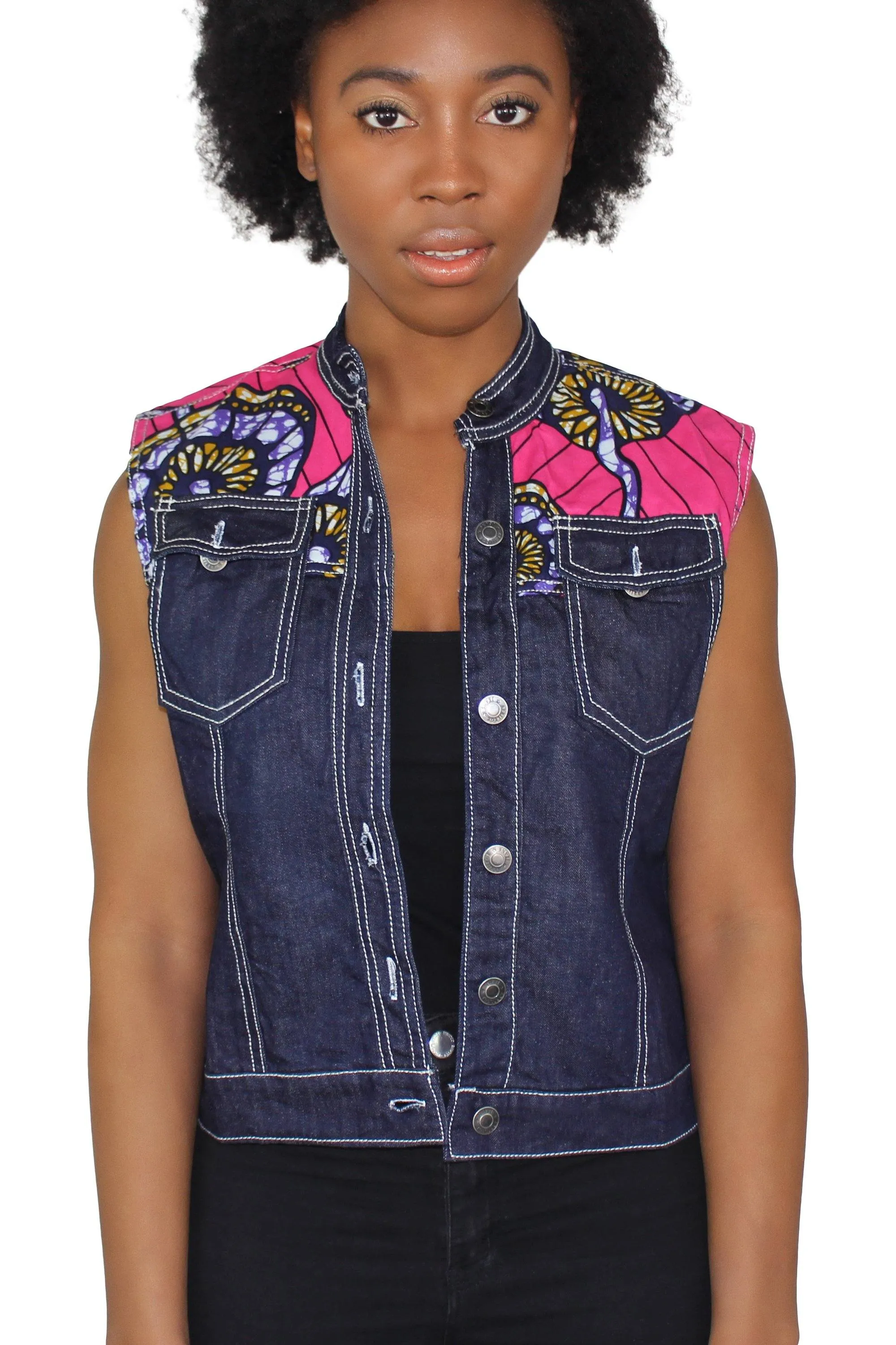 Nala Women's African Print Sleeveless Denim Jacket