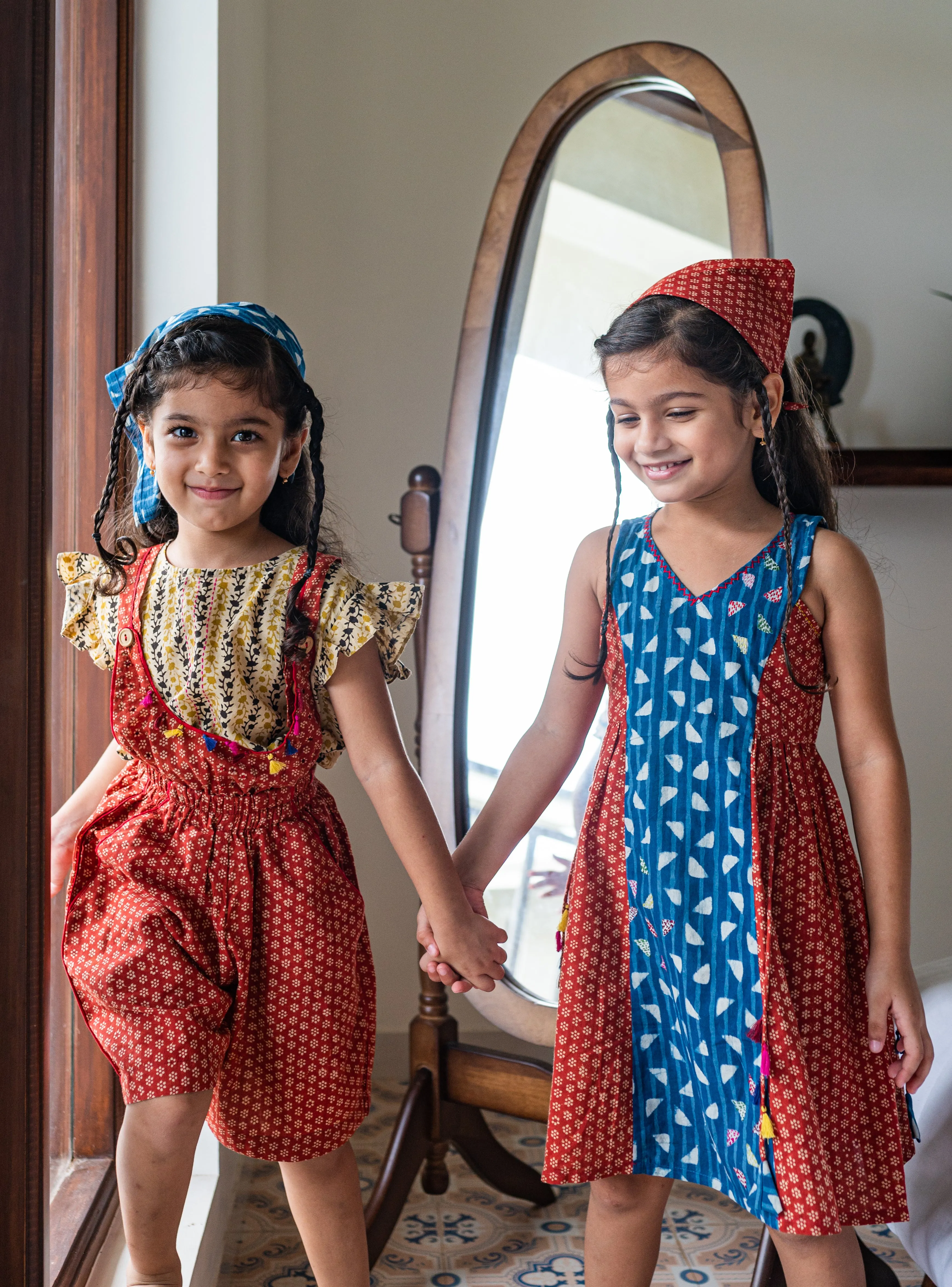 NATKHAT:- Rust Red floral Bagru Dungaree
