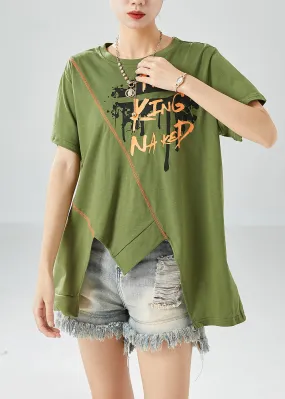 Natural Green Asymmetrical Design Print Cotton Tank Tops Summer LY6136