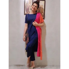 Navy Blue Color Maska Cotton Base Pant Style Salwar Suit with Georgette Dupatta